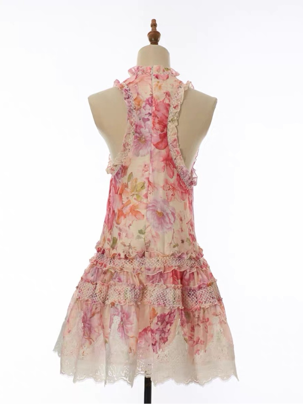 Designer-style Floral Pink Ruffled Halter Dress - Picture 3 of 15
